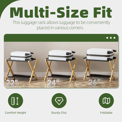 vovala Luggage Rack, Folding Suitcase Stand with Storage Shelf, Premium Bamboo Luggage Holder for Guest Room, Bedroom, Hotel, Closet, Holds up to 135 lb (Natural)