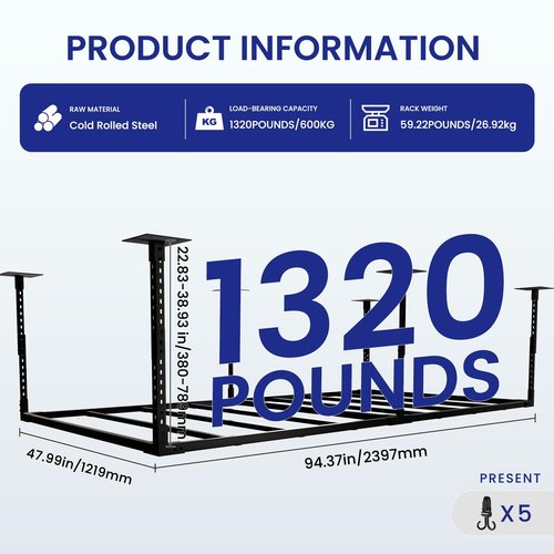 VWZ 48' Overhead Garage Storage Rack, Adjustable Ceiling Shelving, Heavy Duty Hanging Racks With 1320 Lbs Load Capacity, Black