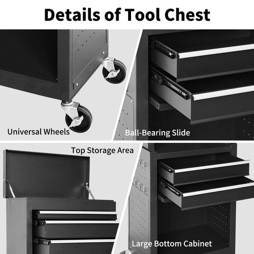 Rolling Tool Chest, 3-in-1 Detachable Metal Tool Box with Wheels & Drawers, High Capacity Toolbox Organization Sliding Drawers Garage Storage Box Cabinet Tools Cart for Warehouse Workshop
