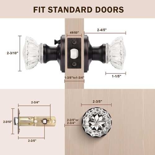 KNOBWELL Glass Door Knobs in Oil Rubbed Bronze Finish, Interior Crystal Door Knob for Bedroom Bathroom, Keyless Privacy Door Knob with Lock, 1 Pack