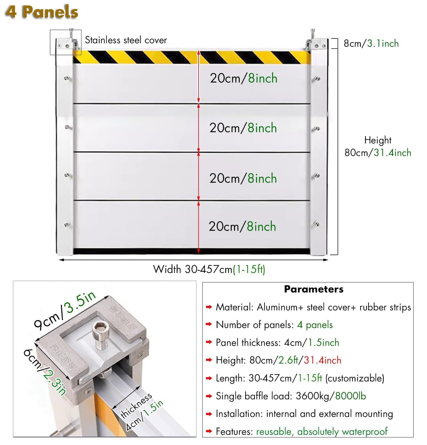 Flood Water Barrier Door Wide Basement Windows Warehouse Street Temporary Dams/Detachable Mobile Rain Water Baffle, Aluminum Flooding Wall,H 80cm/2.6ft,W 3FT/91CM