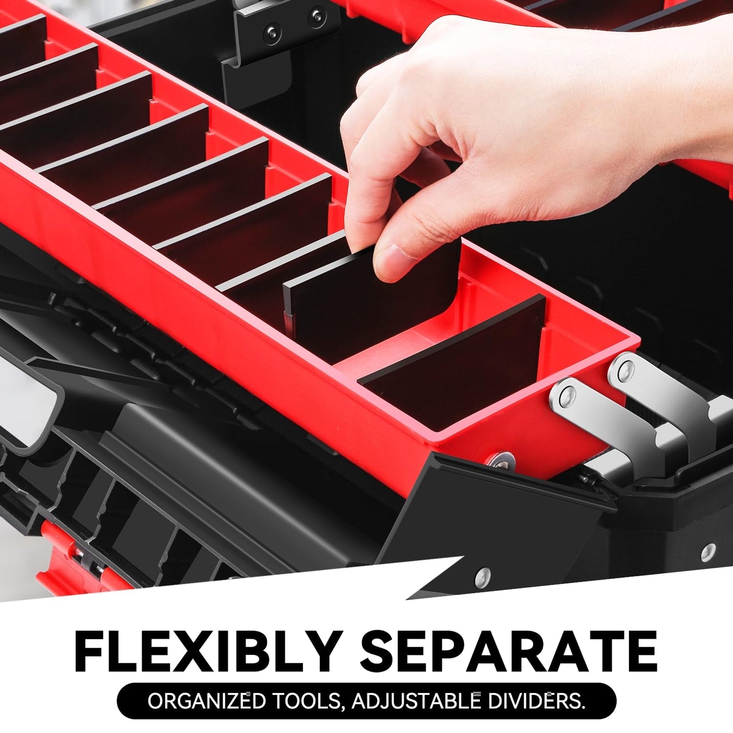 Auto Dynasty Tool Box Set Portable 2-layer Folding Toolbox with Non-slip Handle Tray for Garage, Workshop and On-the-Go Repairs, Red/Black