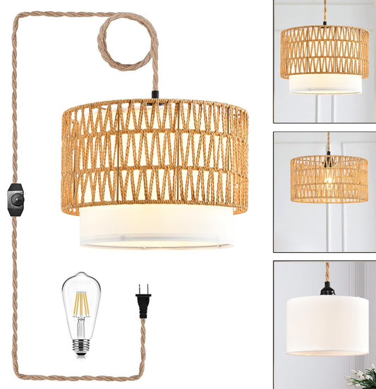 Boho Plug in Pendant Light Rattan Hanging Lights with Plug in Cord,Indoor Hanging Lamp with Dimmer Switch,Wicker Bamboo Woven LampShade Hanging Lamp Plug in for Bedroom Living Room Kitchen Island