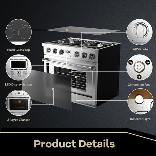 36" Stainless Steel Electric Range - 6 Cu.Ft Convection Oven with 5-Element Glass Cooktop, 6 Cooking Functions, Silver