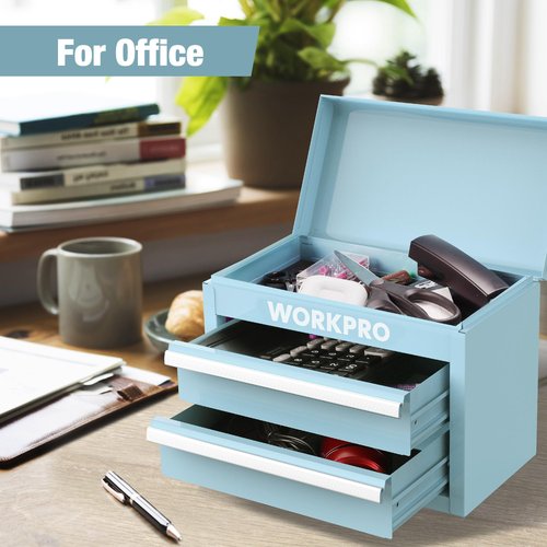 WORKPRO Mini Metal Tool Box with 2 Drawers and Top Storage, Small Tool Chest with PVC Liners and PP Feet Pads, Cold Rolled Steel Toolbox with Magnetic Tab
