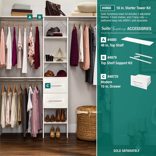 ClosetMaid SuiteSymphony Wood Closet Organizer Starter Kit with Tower and 3 Hang Rods, Shelves, Adjustable, Fits Spaces 4 – 9 ft. Wide, Engineered Wood, Pure White, 16"