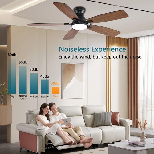 JSAITEE Ceiling Fans with Lights, 52 Inch Low Profile Ceiling Fan with Light and Remote Control, Flush Mount, DC Reversible Motor, Noiseless, Brown 6 Speeds Ceiling Fan for Bedroom