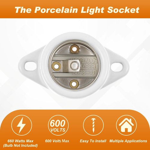 Saysurey 4 Pcs E26 Light Socket Porcelain Lamp Holder Socket Medium Keyless Threaded Base with Two Hole Flange Mounting and 6" Wire Indoor Garage Closet Lighting