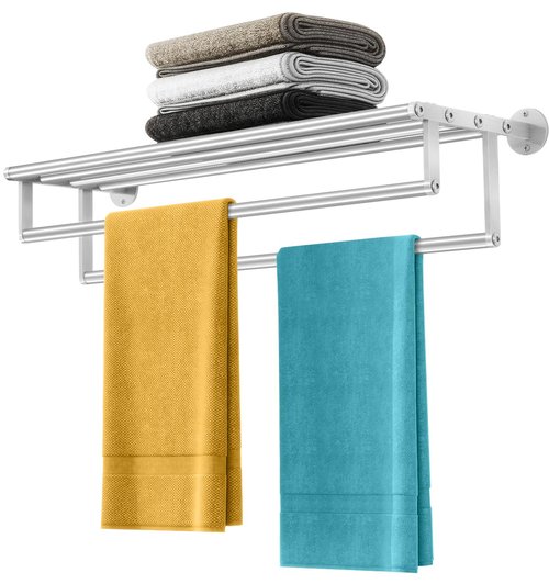 XEENEW Double Towel Racks for Bathroom Towel Rack with Shelf, 24 Inch Double Towel Bars, Wall Mount Towel Holder for Bathroom Lavatory, Stainless Steel Towel Rod(Brushed Nickel)