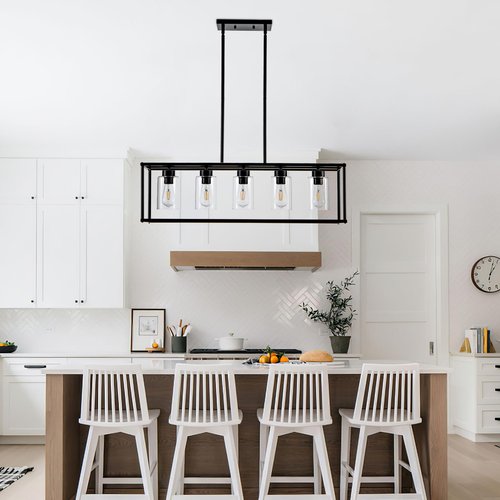 HCCZ 5 Light Dining Room Light Fixture Matte Black Farmhouse Chandelier Over Table Rectangular Kitchen Pendant Lighting Rectangle Modern Industrial Living Room Hanging Lights Adjustable Height