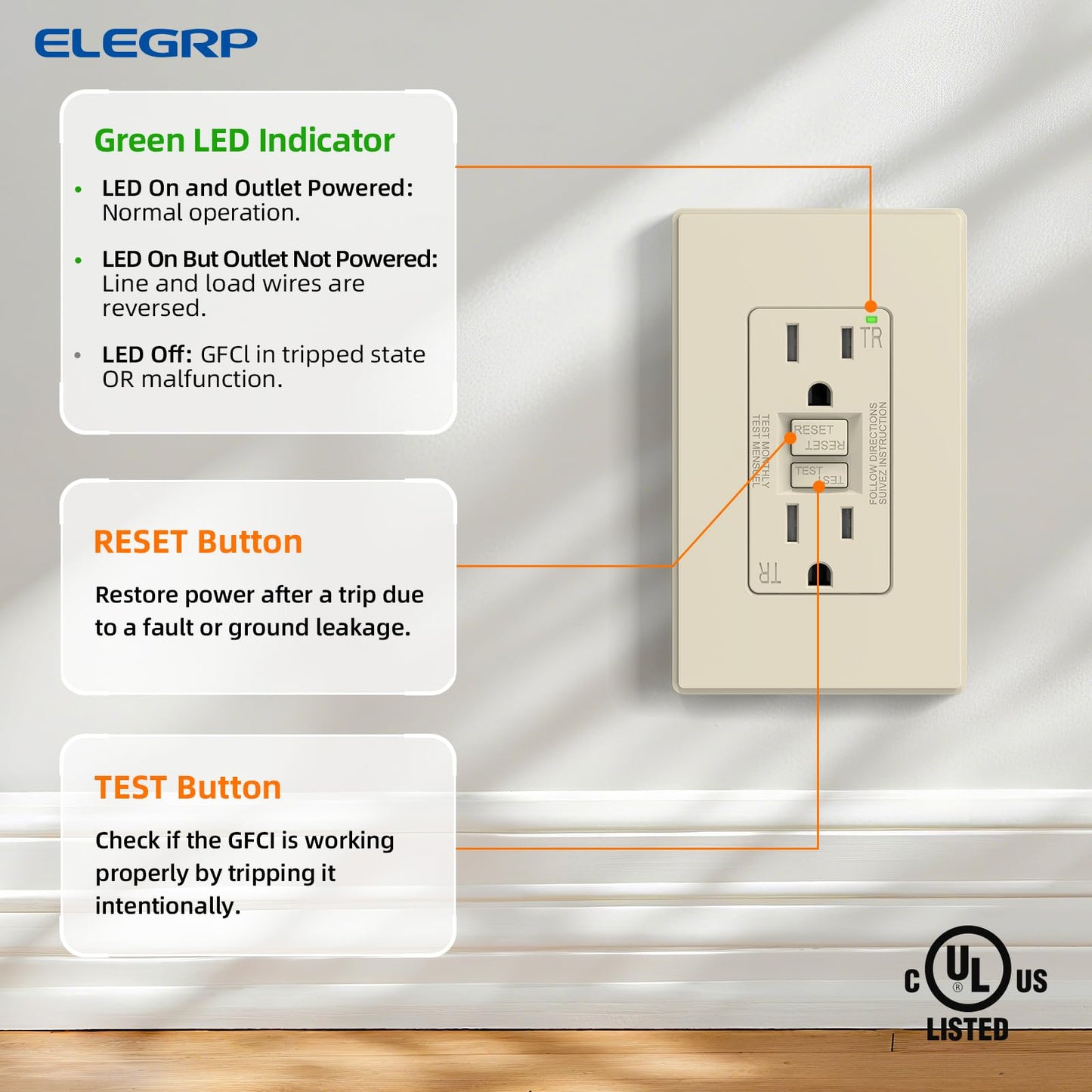 ELEGRP GFCI Outlet 15 Amp, Self-Test GFI Electrical Outlet with Thinner Design, TR Tamper Resistant GFCI Receptacle, Ground Fault Circuit Interrupters with Wall Plate, UL Listed, Light Almond, 6 Pack