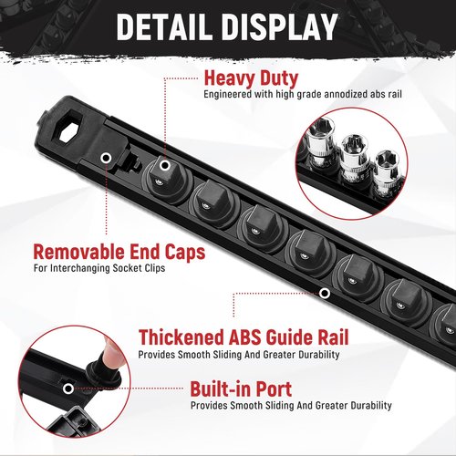 Reniteco Magnetic Socket Organizer, 1-Piece Heavty Duty ABS Socket Holder, Socket Rail for Tool Box, Premium Quality 360° Swivel Socket Rack with 12 Clips for 1/2-Inch(Black)