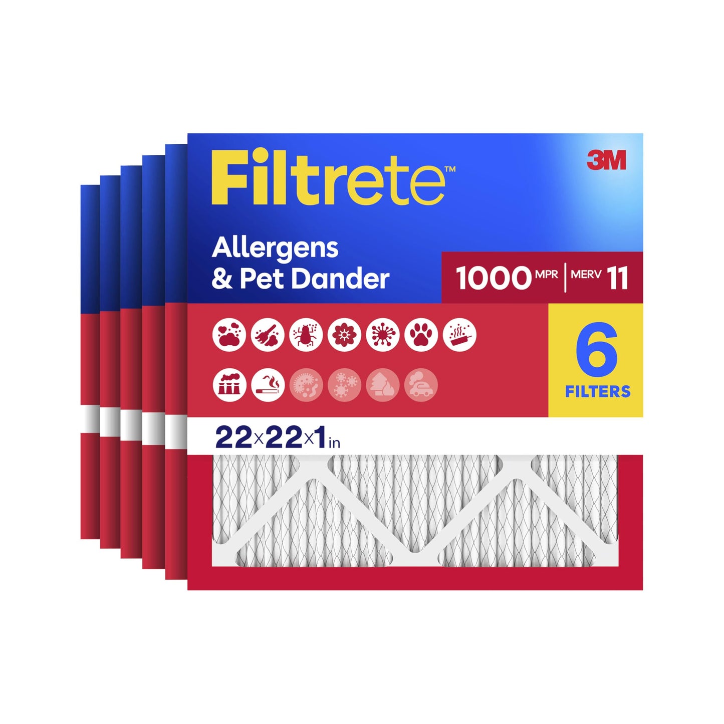 Filtrete 22x22x1 AC Furnace Air Filter, MERV 11, MPR 1000, Micro Allergen Defense, 3-Month Pleated 1-Inch Electrostatic Air Cleaning Filter, 6 Pack (Actual Size 21.69x21.69x0.81 in)