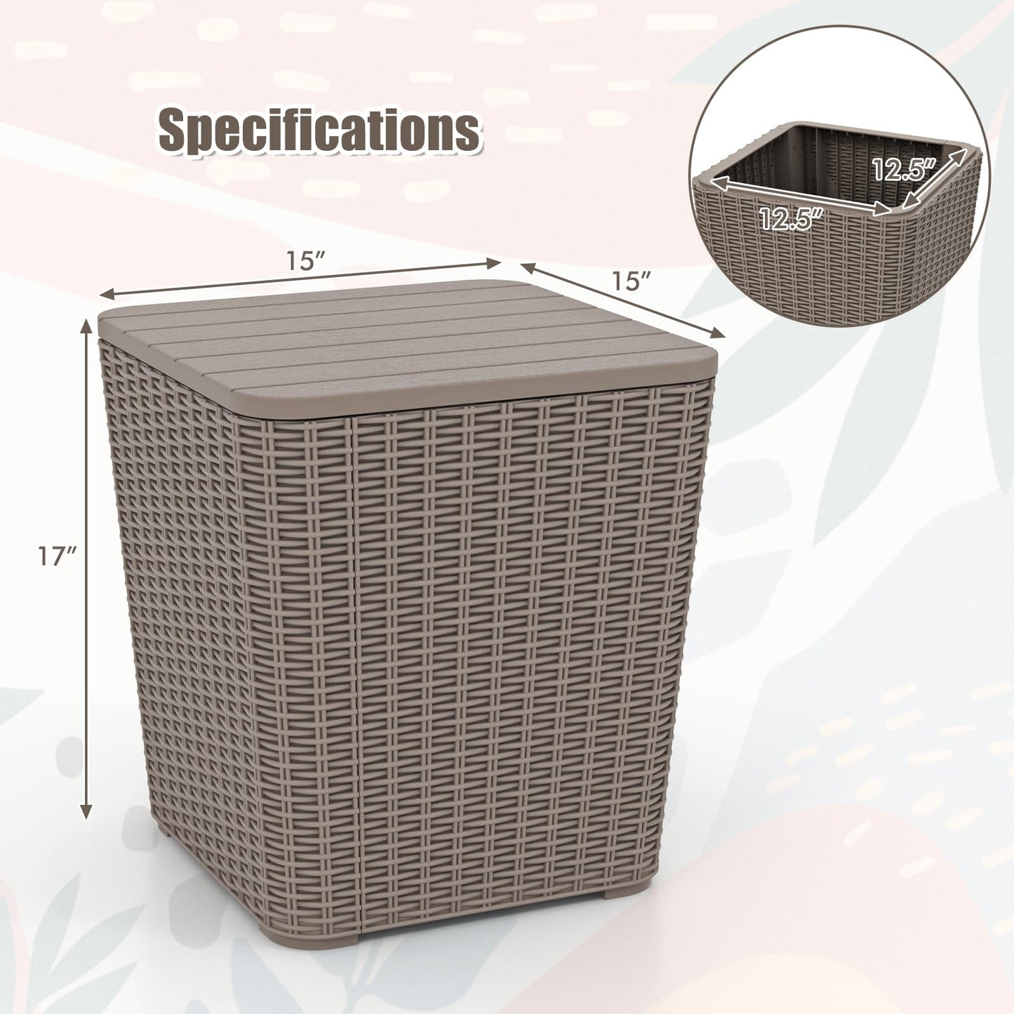Tangkula 11.5 Gallon Water-proof Deck Box, Outdoor Patio Storage Box w/Removable Lid &, Faux Rattan Storage Container Side Table, All Weather Patio Furniture Extra Seat for Poolside (Brown)