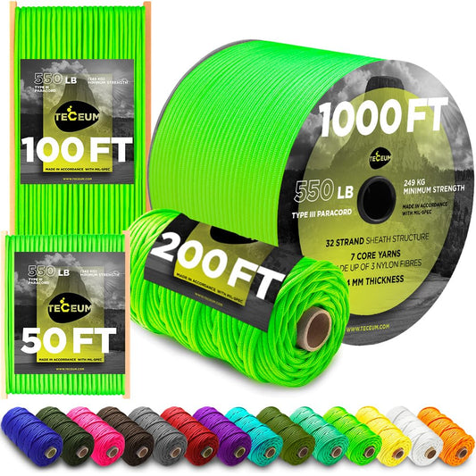 TECEUM Paracord Type III 550 Neon Green – 50 ft – 4mm – Tactical Rope MIL-SPEC – Outdoor para Cord –Camping Hiking Fishing Gear and Equipment – EDC Parachute Cord – Strong Survival Rope 462