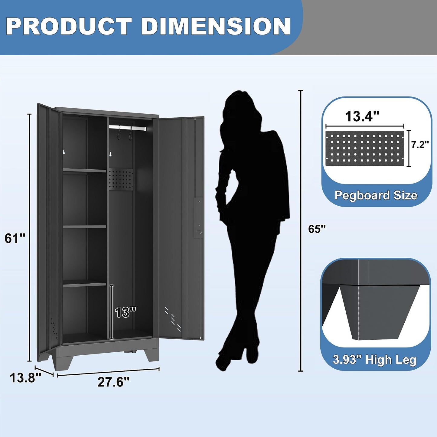 VASAAOSD 61" Broom Closet Storage Cabinet, Metal Storage Cabinet with Doors, Utility Cabinets for Brooms and Mops, Cleaning Tool Cabinets for Garage, Laundry Room, Bathroom