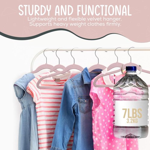 TechZoo 50 Premium Kids Velvet Hangers - 14" Non-Slip Clothes Hangers for Kids & Preteens - Ultra Slim, Space-Saving, Strong & Durable Hangers with 360° Swivel Hook - Pink