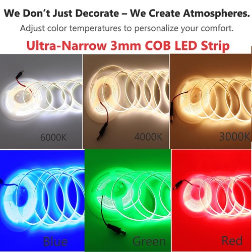 Cinlitek COB LED Strip Light, Ultra-Thin 12V 3mm16.4ft Ultra High Density Tape Light, 480LED/m, CRI 90+, Flexible Cuttable LED Lighting for Home Indoor Decor (Without Power Supply)