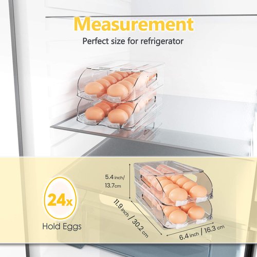 SMRCAD Egg Holder for Fridge, Automatic Steady Rolling Egg Container with Soft Bumpers & Handle for Refrigerator, Stackable Fridge Organizers and Storage with Lid