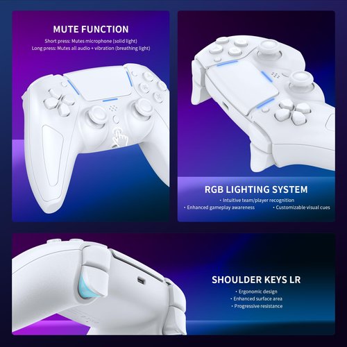 JDDWIN LED Wireless Gaming Controller for PS5/PC/Steam Deck,Hall Effect, Trigger Stops, Mappable Buttons, Bluetooth Audio,Marco, Turbo, Vibration, 6-Axis Motion Contro Gamepad with Speaker (White)