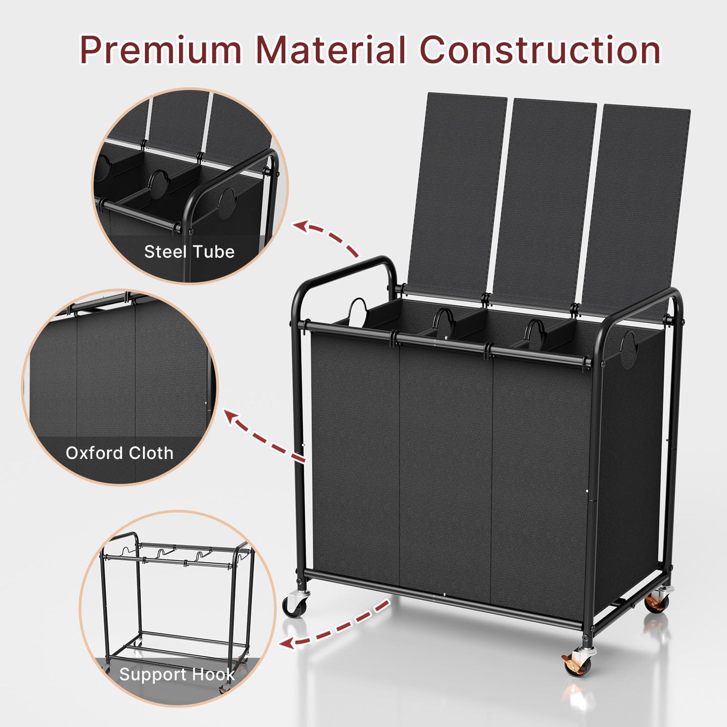 180L Laundry Sorter 3 Section – Heavy Duty Rolling Laundry Basket with Lockable Wheels and Lid, 3 Large Separate Removable Bags, Laundry Hamper Cart for Laundry Room Organizer