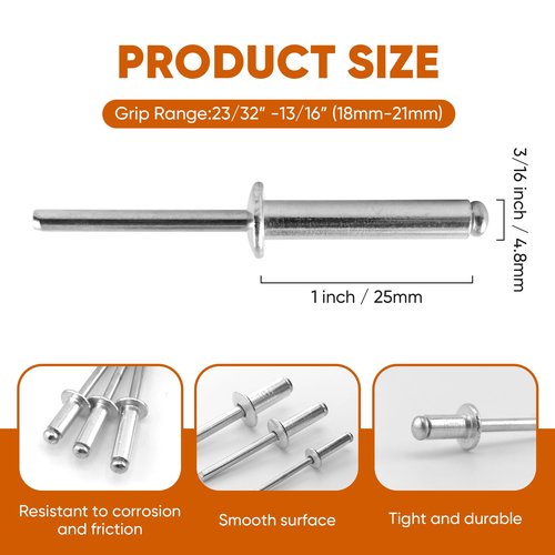 ALLCLEAN 110 Pcs 3/16" x 1" Aluminum Blind Rivets,4.8 x 25mm Pop Rivets,Aluminum Grip and Steel Mandrel