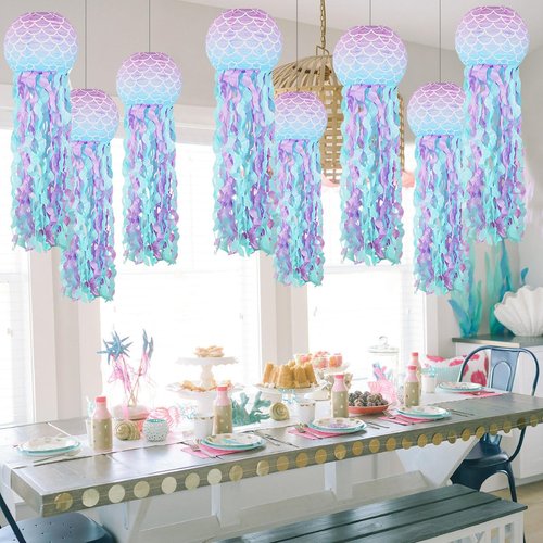 YUNXUAN Mermaid Party Decorations, Jellyfish Paper Lanterns Mermaid Scales Hanging Lantern for Mermaid Birthday Party Baby Shower Under The Sea Ocean Decorations Pack of 8