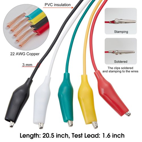 WGGE WG-026 10 Pieces and 5 Colors Test Lead Set & Alligator Clips,20.5 inches / 22 AWG Copper Wire. The Clips soldered and Stamped to The Wires. (1 Pack)
