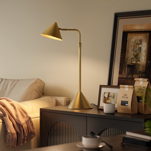 HISEEGO Metal Desk Lamp, 3000k Soft Light Modern Desk Lamp with Dimmer Switch, Adjustable Lighting with Swivel Arm Reading Lamp for Bedside Table, Office Desk, Task Light, Living Room(Gold)