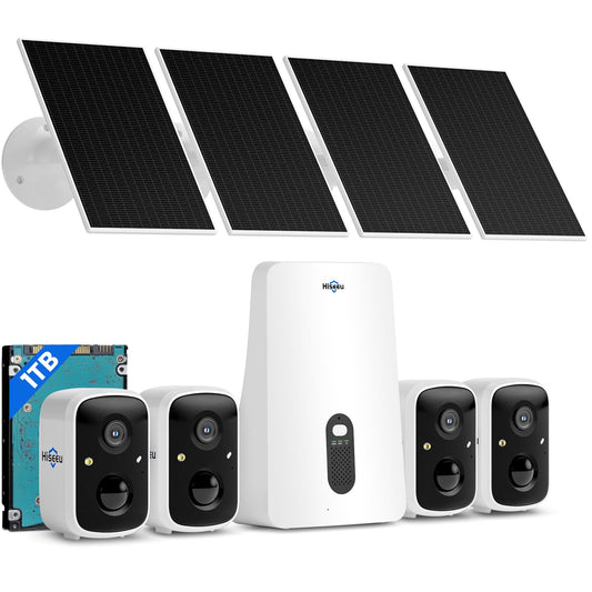 Hiseeu Solar Camera Outdoor Wireless, 4 Cam-Kit, No Subscription, Expandable to 10CH, Home Security Camera System, 2K Color Night Vision, PIR/AI Detection, IP66, 2.4G & 5G WiFi, 1TB Local Recording