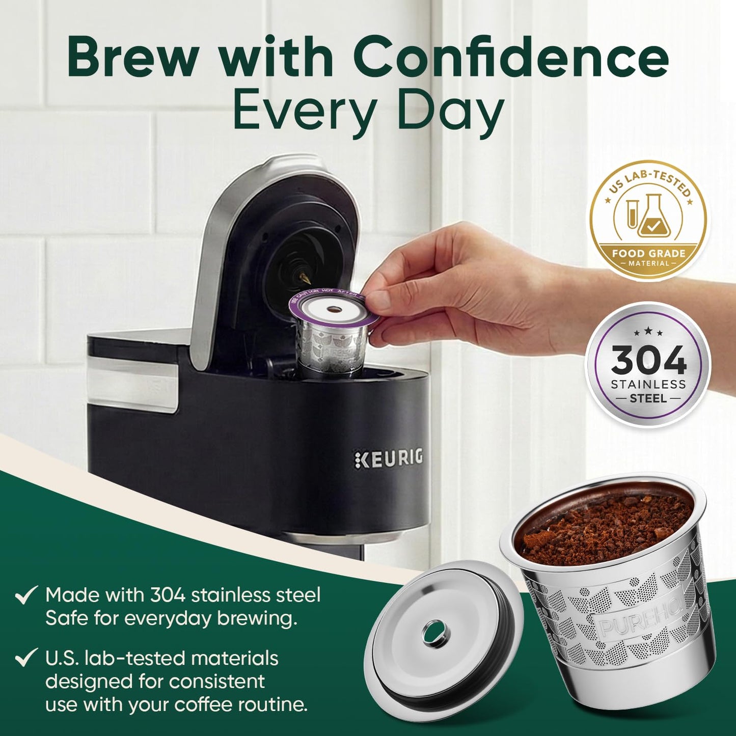 Stainless Steel Reusable K Cups for Keurig 2.0, Keurig Mini, K-Express, K-Classic, K-Elite, K-Compact, K-Mini Mate Single-Serve Coffee Makers by PureHQ - Refillable Metal Coffee Filters - 2 Pack