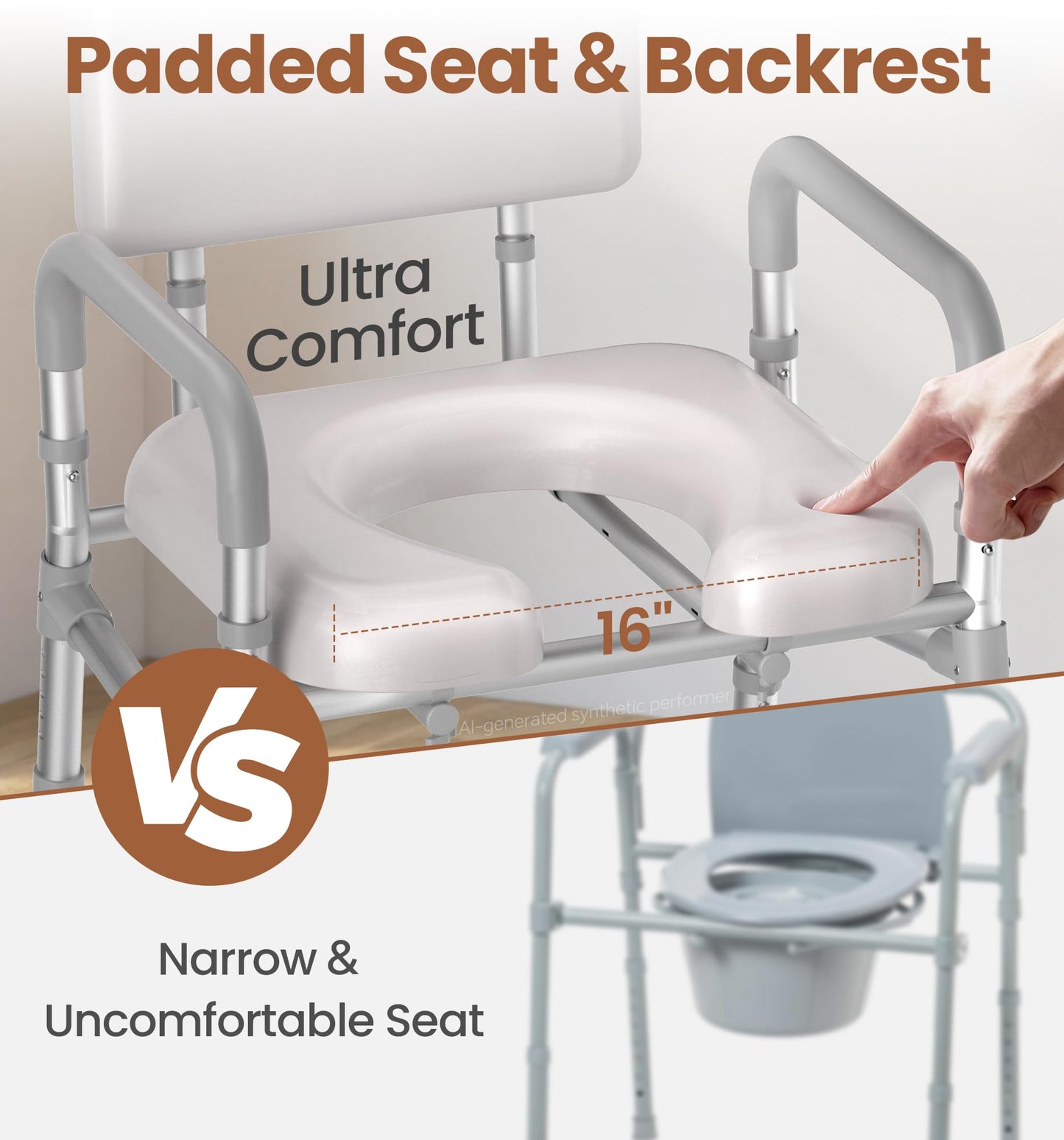 soundfuse Bedside Commode Toilet, Padded Seat and Backrest, Aluminum Frame
