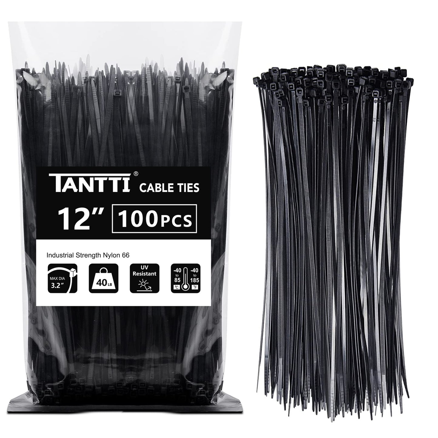 Zip Ties 12 inch, Black Zip Ties 100 pack, 40lb, Cable Ties, Self-locking Wire ties for indoor and outdoor use, by Tantti
