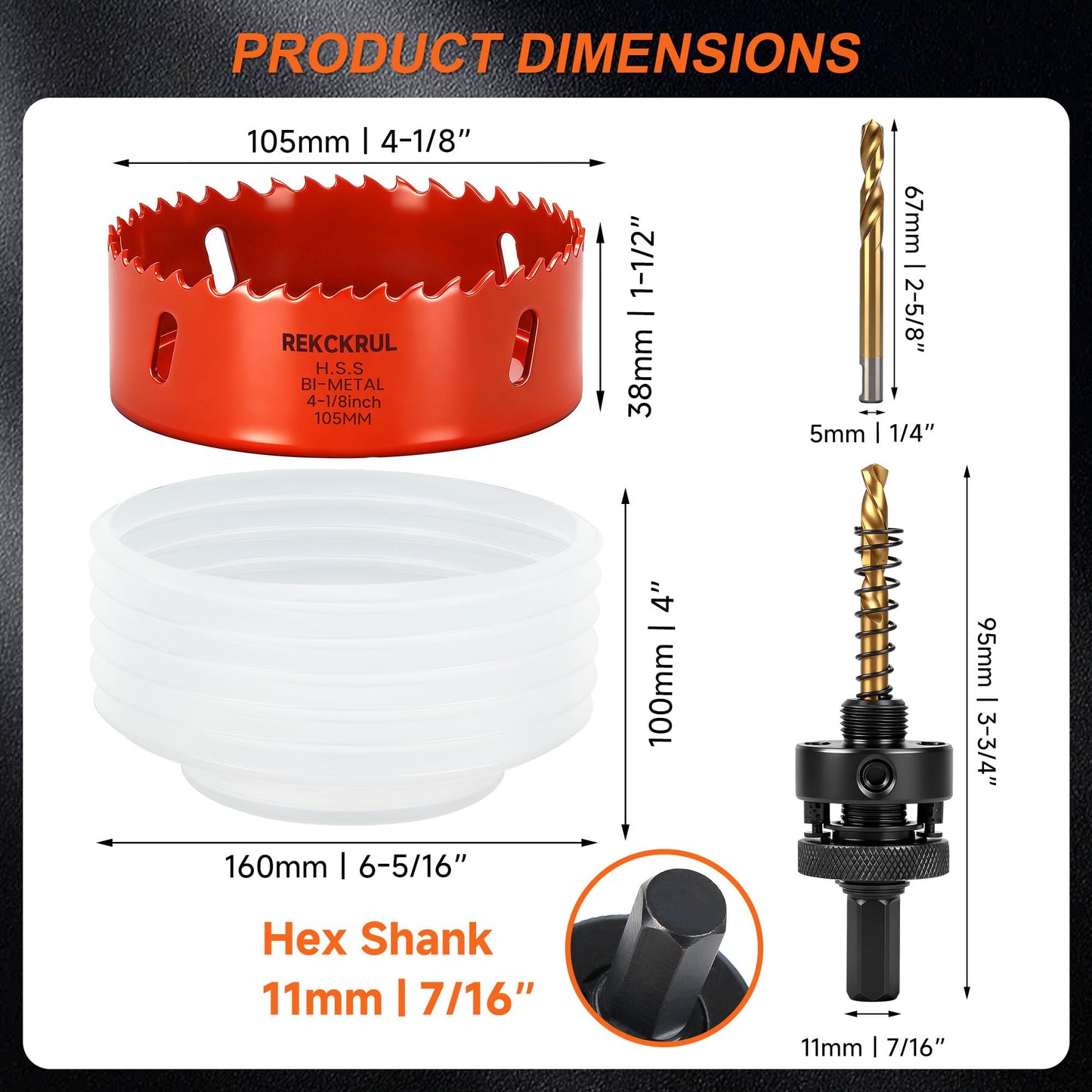 REKCKRUL (105mm | 4-1/8 Inch) HSS M42 with 8% Cobalt Bi-Metal Hole Saw – for Wood, Metal, Plastic, Drywall, PVC, Gypsum Board, Rubber – Includes Dust Bowl Catcher, Arbor, 2 Pilot Drill Bits & Hex Key