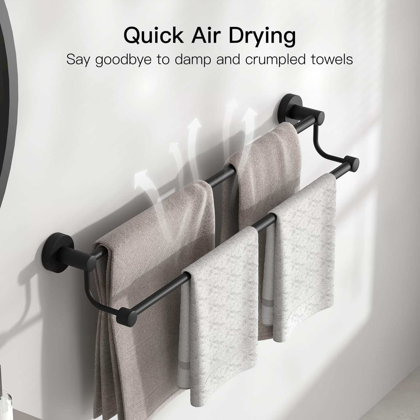 BESy Adjustable 16-26 Inches Double Bath Towel Bar for Bathroom SUS304 Stainless Steel Towel Holder, Hotel Style Wall Mount with Screws Hand Towel Bar Towel Rack Rod Hanger, Matte Black Finish