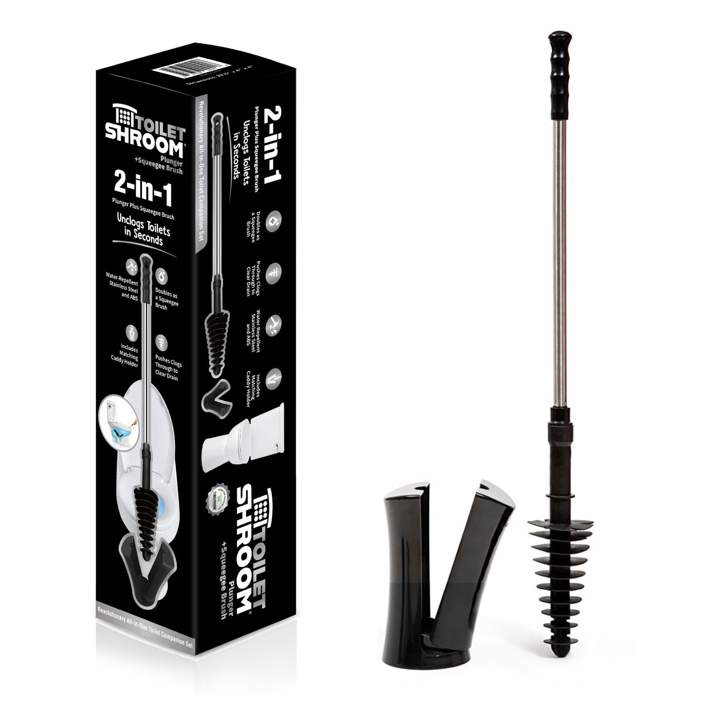 ToiletShroom Revolutionary Plunger, Squeegee, Clog Remover, Drain Cleaner, Bathroom Toilet Dredge Tool, Stainless Steel Handle with Caddy Holder, Оne Расk, Black
