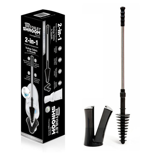 ToiletShroom Revolutionary Plunger, Squeegee, Clog Remover, Drain Cleaner, Bathroom Toilet Dredge Tool, Stainless Steel Handle with Caddy Holder, Оne Расk, Black
