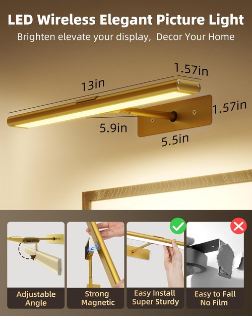 EZVALO Picture Light for Wall, 13inch Wireless Remote, 4800mAh Rechargeable Battery, 3 Color & Dimmable Magnetic LED Lights for Painting, Living Room, Gallery, Hallway, Bedroom, Dashboard