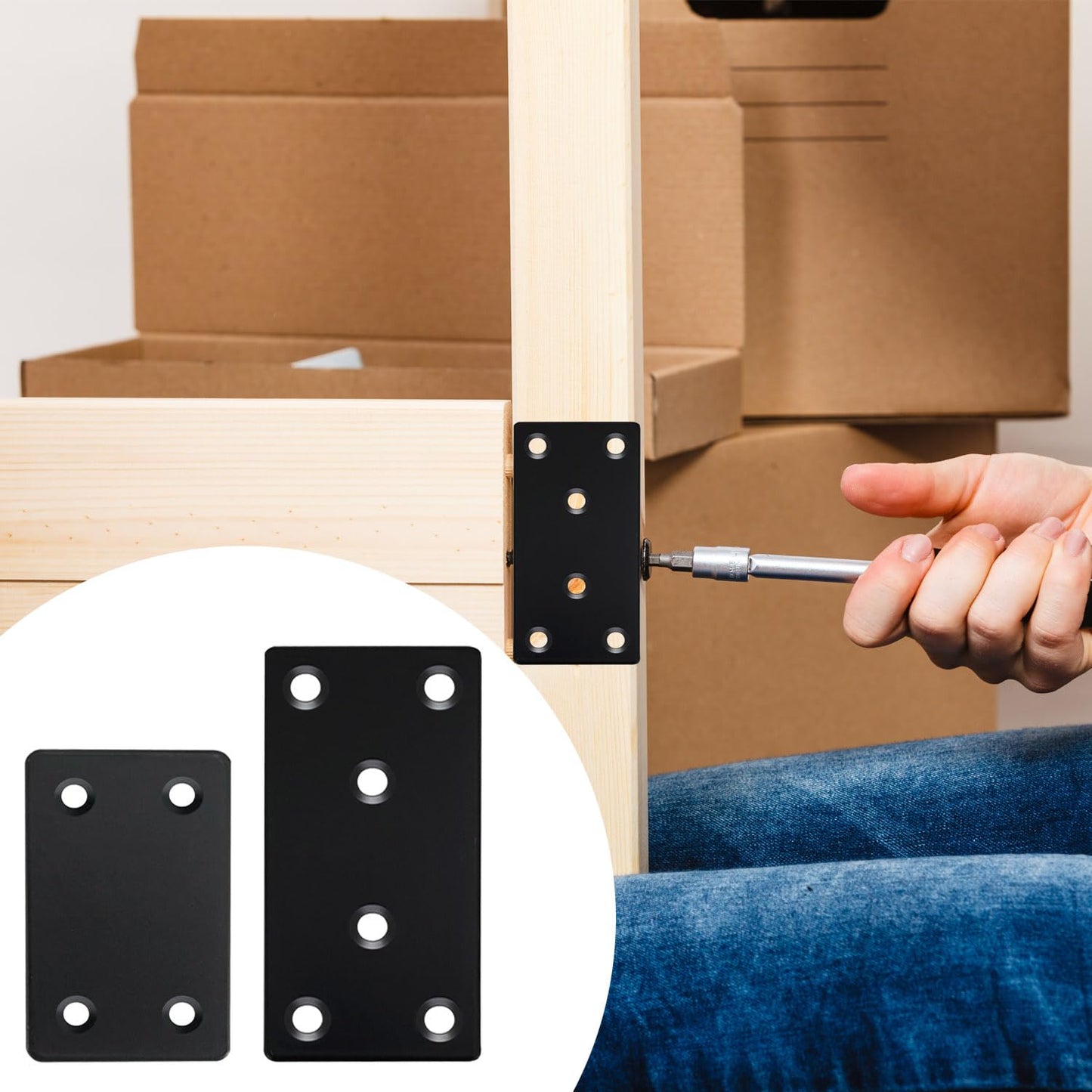 QSJ 8 Pack Black Flat Mending Plate 3.15x1.57‘’ & 2.36x1.49'', Stainless Steel Bracket, Straight Metal Brace Bracket, Fixing Joining Plate for Wood Furniture Fastening & Fixing