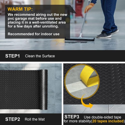 Grandroad auto 8x20 FT Garage Floor Mat, 2.8mm Thickened Flooring Roll Diamond Plate PVC Rubber Trailer Mat with 20 Pcs Tapes, Non-Slip Floor Protector Mat for Garage, Warehouse, Gyms, Trailer, Black