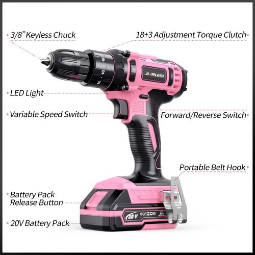 20V Cordless Drill, Electric Power Drill Set with Battery Charger, 3/8” Keyless Chuck, 2 Variable Speed, 18+3 Torque, 72pcs Driver Bits and Belt Hook, Pink