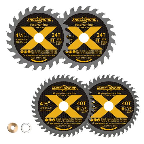 ANGELSWORD 4-1/2 Inch Circular Saw Blade Used on Angle Grinder, 24T for Framing&40T for Ripping, Cross Wood Cutting, 4 Pack, 7/8" Arbor with 3/8"&5/8" Bushing