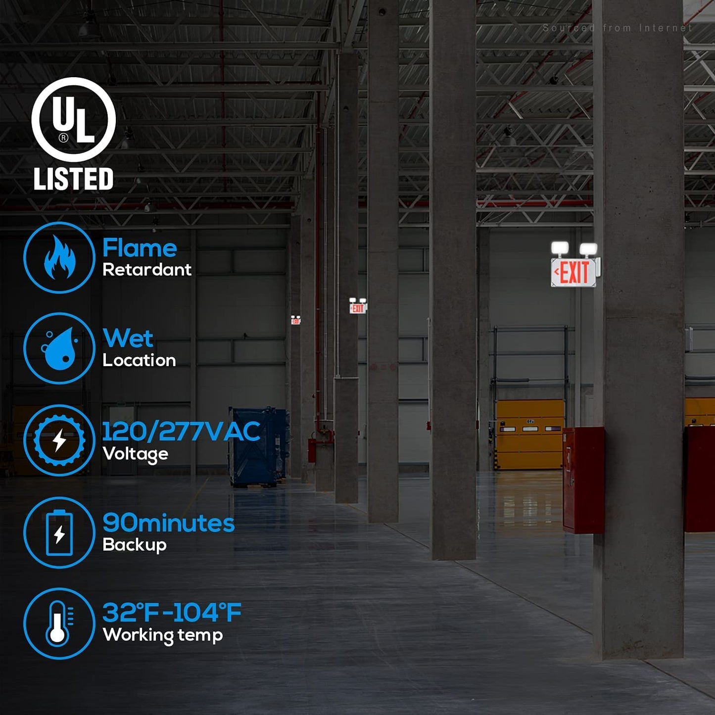 LEONLITE LED Exit Light, Wet Location Exit Sign with Emergency Lights, UL Listed, Outdoor Hardwired Exit with Battery Backup, 2 Dual Heads, Double Face, AC 120/277V, Red