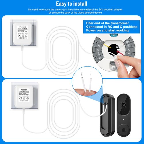 Fesasn 24V AC Power Supply, C Wire Adapter for Smart Thermostat, Fits for Nest Hello August Ring Door Bell and Ecobee Nest Honeywell Smart WiFi Thermostat (with 26.2 Foot White Door Bell Wire)
