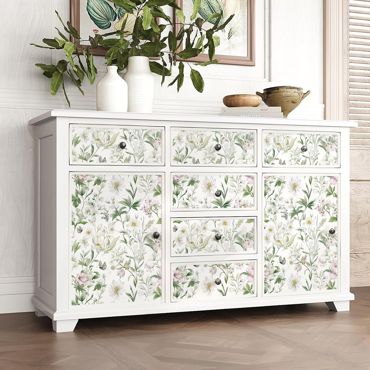 Livebor Floral Peel and Stick Wallpaper Floral Boho Contact Paper 16.9" x 118.1" Green Leaf Flower Wallpaper Peel and Stick Butterfly Botanical Self Adhesive Wall Paper for Bathroom Cabinets Vinyl