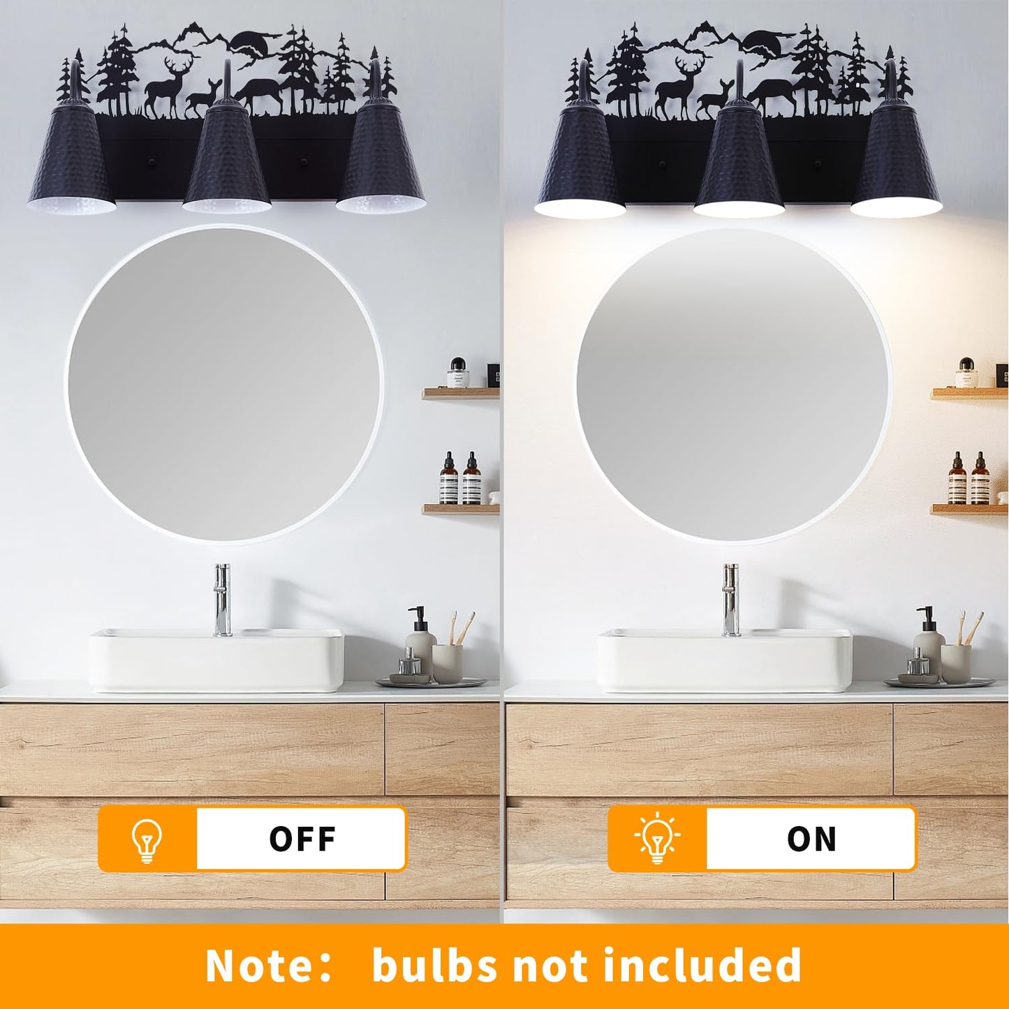 Monaxon Farmhouse Bathroom Vanity Light with Deer Design - E26 Base 3-Light Black Metal Rustic Wall Fixture for Mirror Lighting, and Dressing Table (Large, Bulb Not Included)