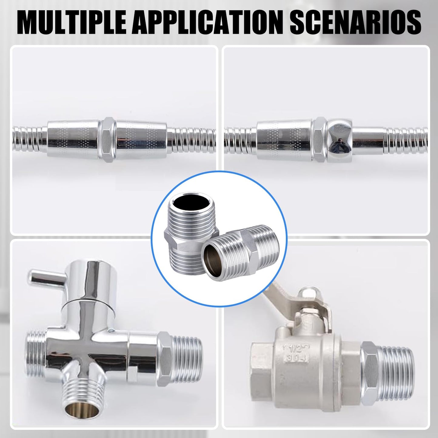 Shower Hose Extension Connector, Male NPT 1/2x Male NPT 1/2 Shower Hose Extender Fitting Extra Long Joint, Used to Connect Two Hoses, Chrome（2 Packs ）