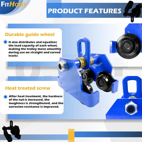 FITHOIST Manually Trolley 1/2 Ton | 1100LBS Capacity Steel Push Beam Trolley | Adjustable for I-Beam Flange Width 2.7" to 4.5" | Installed onto Various Beams