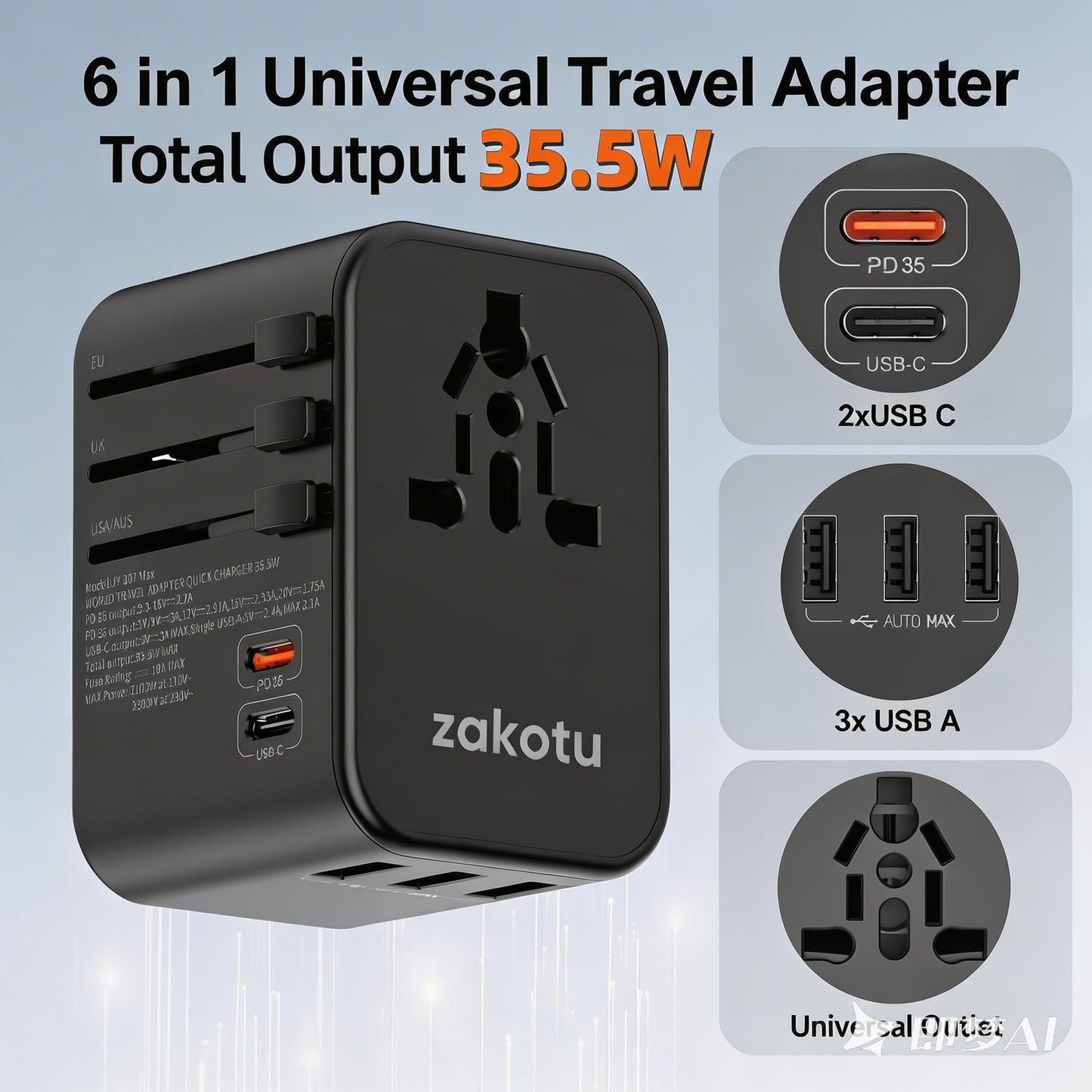 Universal All in One 35.5W Worldwide Travel Adapter with PD&QC 3.0 Dual USB-C, 3 USB Travel Adapter Worldwide, International Power Adapter with Type I C G A Outlets 110V 220V A/C-EU Euro US UK