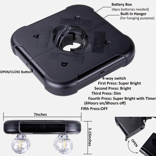 Battery Operated Patio LED Umbrella Light with G40 Bulbs, 3 Brightness Cordless Umbrella Pole Lights for Backyard, Camping Tents, BBQ or Indoor Use